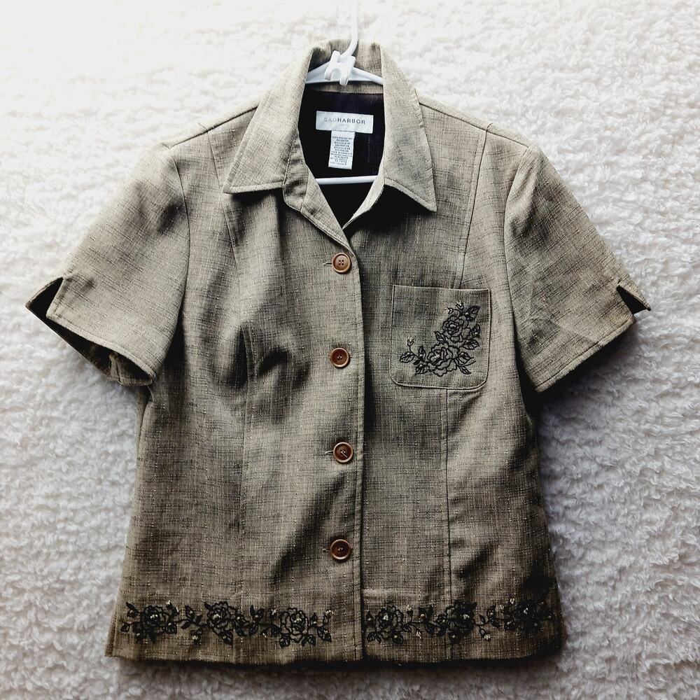 Blouse Jacket Brown Tan Tweed Rhinestones Embroidered Office Quiet Luxury Size 8